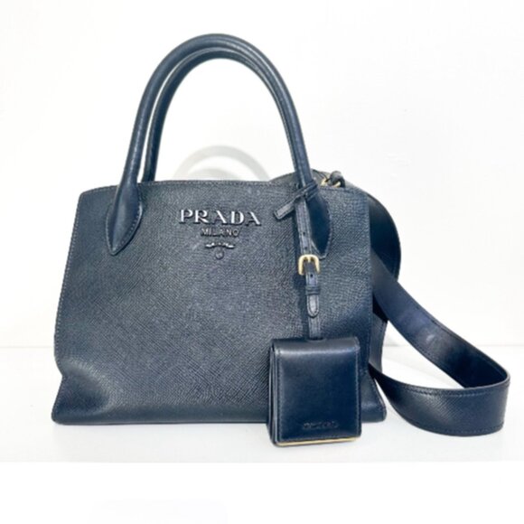 Prada Saffiano Medium Top Handle 2 Way Monochrome  Cuir Calfskin Tote - Picture 1 of 16